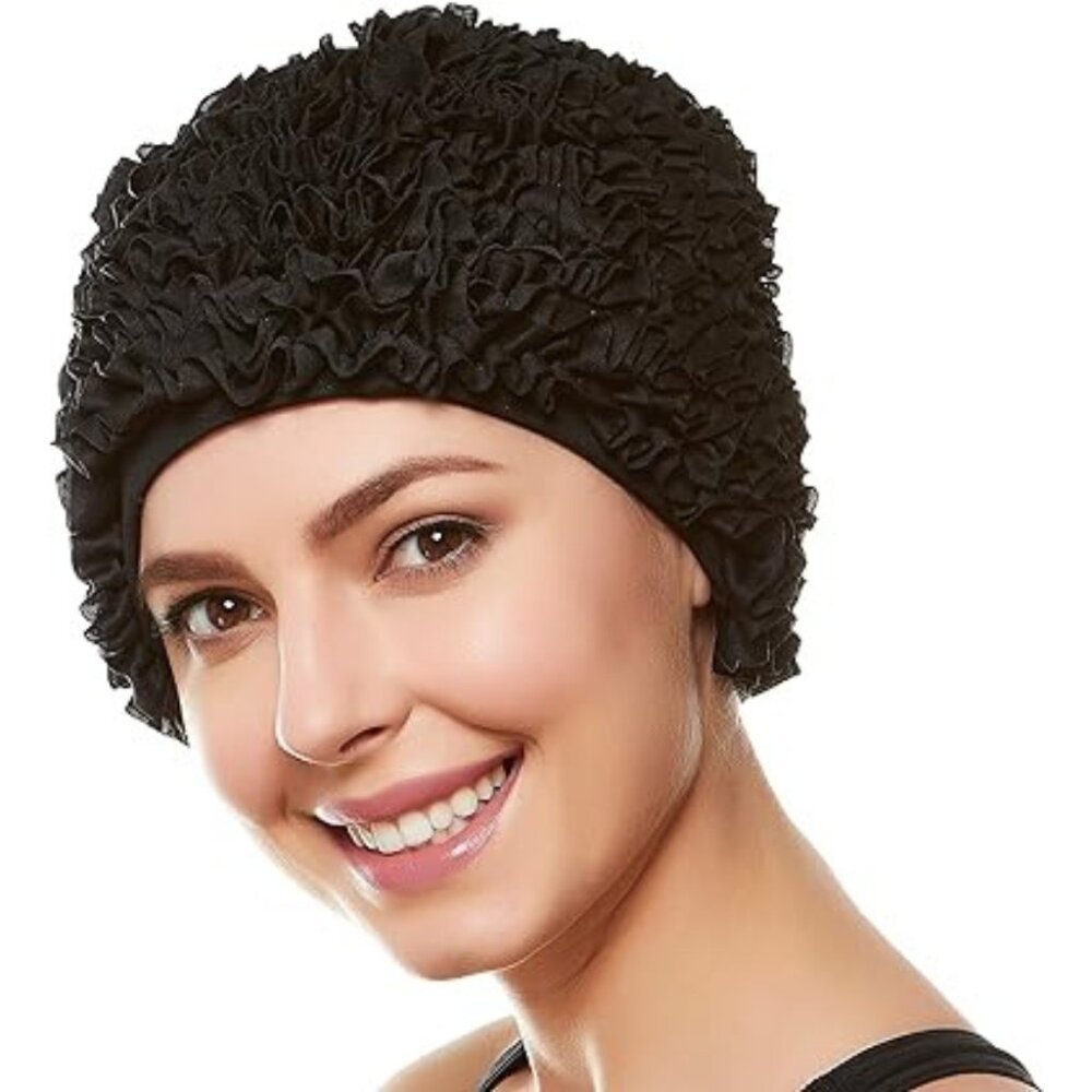 Beemo Women’s Swim Bathing Cap Turban Polyester Lined Ruffled Shower Cap - Black